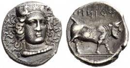 GREEK COINAGE 
 Campania, Hyria 
 Didrachm circa 405-385 BC, AR 7.06 g. Head of Hera Lakinia facing three-quarters r. Rev. Man-faced bull advancing ...