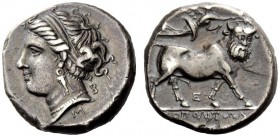 GREEK COINAGE
Neapolis
Didrachm circa 290-270 BC, AR 7.30 g. Diademed head of nymph l.; in r. field, B and M below. Rev. Man-faced bull advancing r....