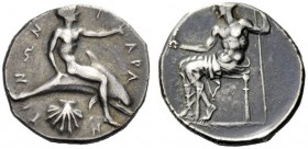 GREEK COINAGE 
 Calabria, Tarentum 
 Nomos circa 470-425 BC, AR 8.16 g. Dolphin rider r., with extended harm; below, shell. Rev. Oecist seated l., h...