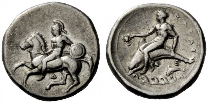 GREEK COINAGE 
 Calabria, Tarentum 
 Nomos circa 380-340 BC, AR 7.85 g. Helmet...