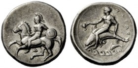 GREEK COINAGE 
 Calabria, Tarentum 
 Nomos circa 380-340 BC, AR 7.85 g. Helmeted horseman l., holding spear and shield. Rev. Dolphin rider l., holdi...