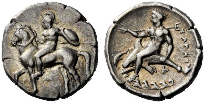 GREEK COINAGE 
 Calabria, Tarentum 
 Nomos circa 344-340 BC, AR 7.77 g. Horsem...