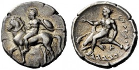 GREEK COINAGE 
 Calabria, Tarentum 
 Nomos circa 344-340 BC, AR 7.77 g. Horseman l, holding shield. Rev. Dolphin rider l.; below, waves. Fischer-Bos...