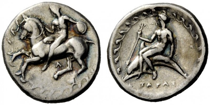 GREEK COINAGE 
 Calabria, Tarentum 
 Nomos circa 380-340 BC, AR 7.75 g. Horsem...