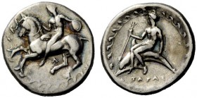 GREEK COINAGE 
 Calabria, Tarentum 
 Nomos circa 380-340 BC, AR 7.75 g. Horseman holding shield and dismounting l.; all within circle of waves. Rev....