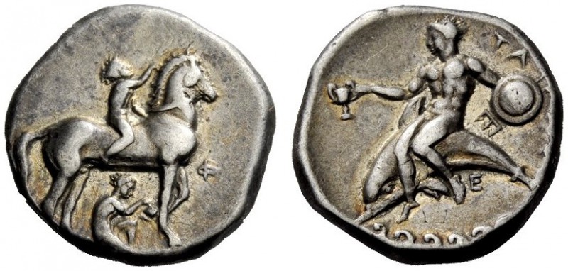 GREEK COINAGE 
 Calabria, Tarentum 
 Nomos circa 340-335 BC, AR 7.79 g. Nude y...