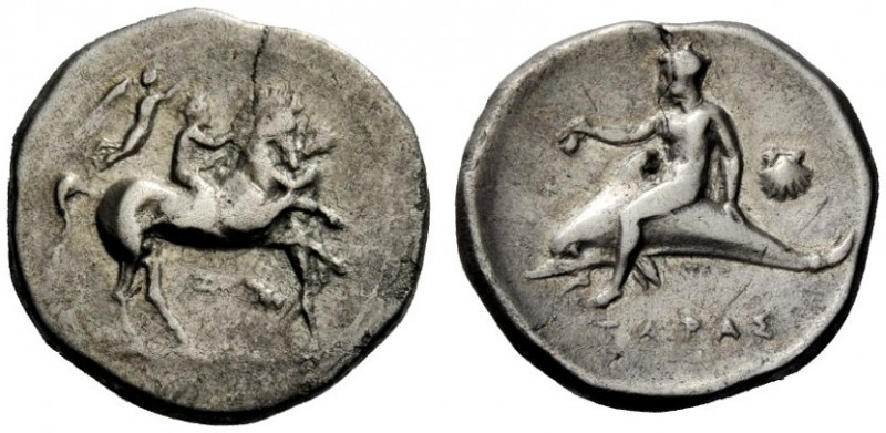 GREEK COINAGE 
 Calabria, Tarentum 
 Nomos circa 340-335 BC, AR 7.40 g. Horse ...