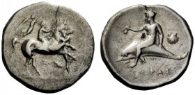 GREEK COINAGE 
 Calabria, Tarentum 
 Nomos circa 340-335 BC, AR 7.40 g. Horse rearing r., restrained at neck by groom. Rider crowned by Nike. Rev. D...