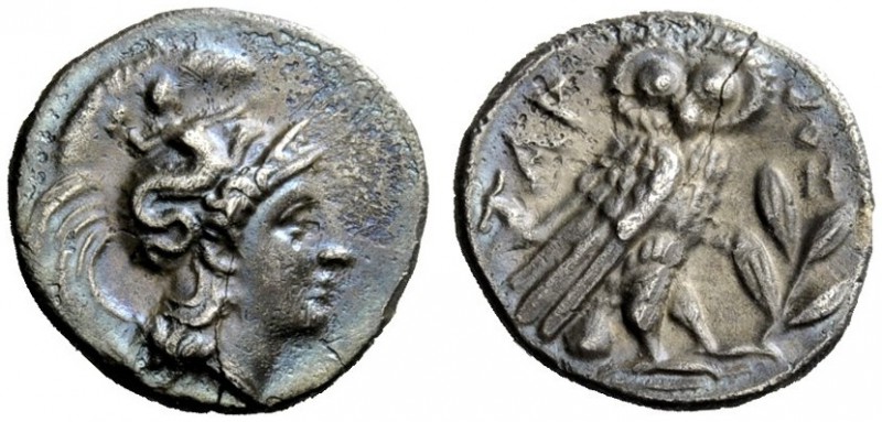 GREEK COINAGE
Calabria, Tarentum
Drachm circa 302-280 BC, AR 3.02 g. Head of A...