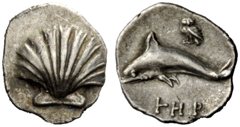 GREEK COINAGE 
 Calabria, Tarentum 
 Litra circa 325-280 BC, AR 0.73 g. Shell....