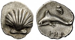 GREEK COINAGE 
 Calabria, Tarentum 
 Litra circa 325-280 BC, AR 0.73 g. Shell. Rev. Dolphin l.; above, owl l. Vlasto –, cf. 1595 (Hemiobol). Histori...