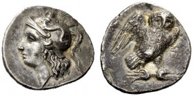 GREEK COINAGE 
 Calabria, Tarentum 
 Drachm circa 280-272 BC, AR 3.08 g. Head of Athena l., wearing Attic helmet, decorated with Scylla. Rev. Owl st...