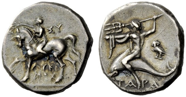 GREEK COINAGE 
 Calabria, Tarentum 
 Nomos circa 272-240 BC, AR 6.55 g. Nude y...