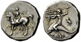 GREEK COINAGE 
 Calabria, Tarentum 
 Nomos circa 272-240 BC, AR 6.55 g. Nude youth l., crowning horse. Rev. Dolphin rider l., wearing chlamys and hu...