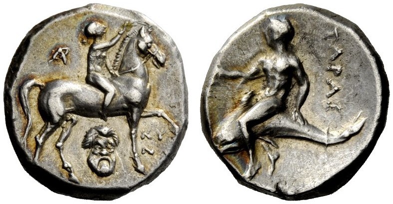 GREEK COINAGE 
 Calabria, Tarentum 
 Nomos circa 272-240 BC, AR 6.42 g. Nude y...