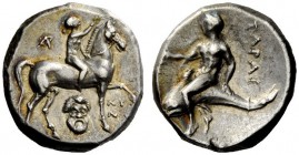 GREEK COINAGE 
 Calabria, Tarentum 
 Nomos circa 272-240 BC, AR 6.42 g. Nude youth r., crowning horse; below, mask. Rev. Dolphin rider l., holding k...
