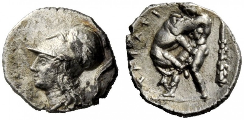 GREEK COINAGE 
 Calabria, Tarentum 
 Diobol 280-228 BC, AR 0.98 g. Head of Ath...