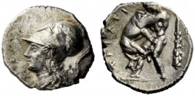 GREEK COINAGE 
 Calabria, Tarentum 
 Diobol 280-228 BC, AR 0.98 g. Head of Athena l., wearing Corinthian helmet. Rev. Heracles l., fighting the Neme...