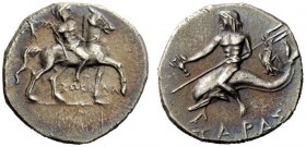 GREEK COINAGE 
 Calabria, Tarentum 
 Time of Hannibal . Reduced nomos or half shekel circa 212-209 BC, AR 3.67 g. Warrior on horseback r., holding f...