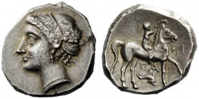 GREEK COINAGE 
 Calabria, Tarentum 
 Campano-Tarantine issue. Nomos circa 281-228 BC, AR 7.45 g. Diademed head of nymph l. Rev. Nude youth on horseb...