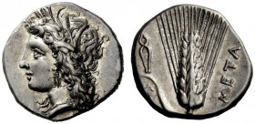 GREEK COINAGE 
 Metapontum 
 Nomos circa 330-290 BC, AR 7.86 g. Barley-wreathed head of Demeter l. Rev. Barley ear; in l. field, tongs. Johnston cla...