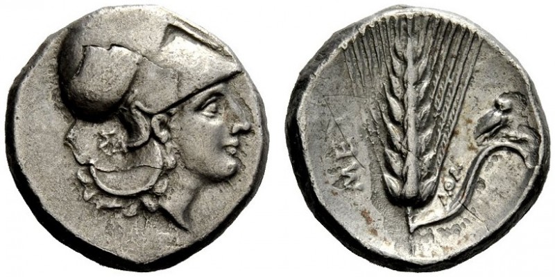 GREEK COINAGE 
 Metapontum 
 Nomos circa 330-290 BC, AR 7.74 g. Head of Athena...