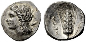 GREEK COINAGE 
 Metapontum 
 Nomos circa 290-280 BC, AR 7.90 g. Barley-wreathed head of Demeter l. Rev. Barley ear; in r. field, spindle. Johnston c...