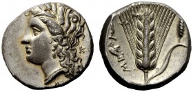 GREEK COINAGE 
 Metapontum 
 Nomos circa 290-280, BC, AR 7.74 g. Barley-wreathed head of Demeter l. Rev. Barley ear; in r. field, spindle. Johnston ...