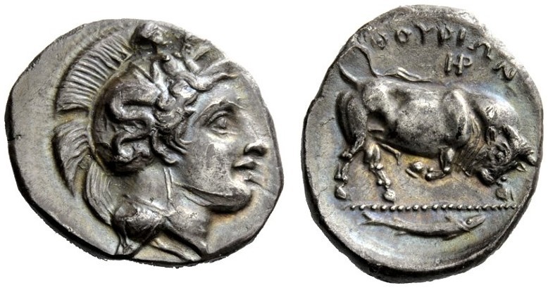 GREEK COINAGE 
 Thurium 
 Nomos circa 400-350 BC, AR 7.68 g. Head of Athena r....