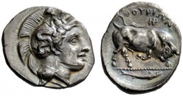 GREEK COINAGE 
 Thurium 
 Nomos circa 400-350 BC, AR 7.68 g. Head of Athena r., wearing Attic helmet decorated with Scylla. Rev. Bull butting r.; in...