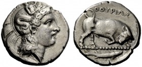 GREEK COINAGE 
 Thurium 
 Di-nomos circa 400-350 BC, AR 15.59 g. Head of Athena r., wearing Attic helmet decorated with Scylla. Rev. Bull butting r....