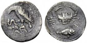 GREEK COINAGE 
 Sicily, Agrigentum 
 Litra circa 406 BC, AR 0.68 g. Eagle standing l., wings closed, on rock, holding snake in talons. Rev. Crab; be...