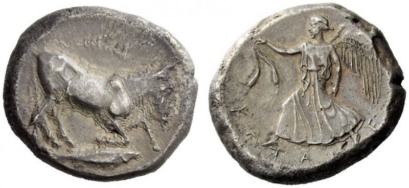 GREEK COINAGE 
 Catana 
 Tetradrachm circa 464-450 BC, AR 17.12 g. Man-faced b...