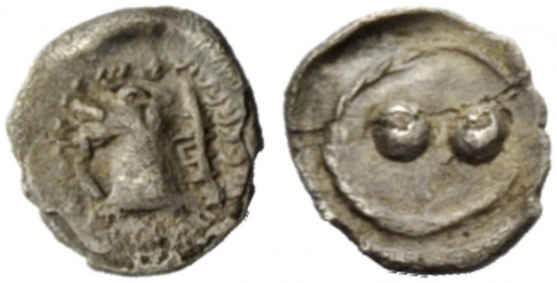 GREEK COINAGE 
 Gela 
 Hexas circa 480-470 BC, AR 0.06 g. Head of horse l. Rev...