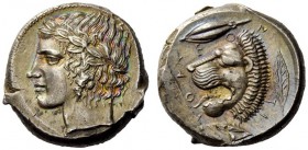 GREEK COINAGE 
 Leontini 
 Tetradrachm circa 430-425 BC, AR 17.61 g. Laureate head of Apollo l. Rev. Head of lion l. with open jaws; around, three b...