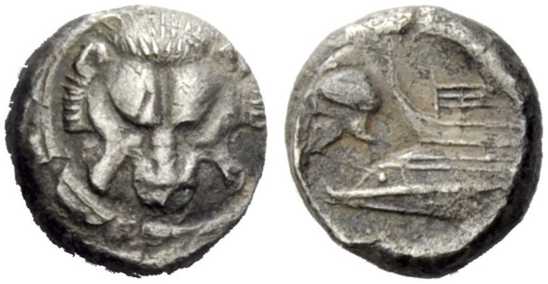 GREEK COINAGE 
 Messana 
 Under the Samians. Diobol circa 494-489 BC, AR 1.02 ...