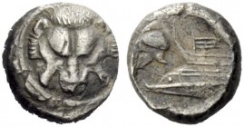 GREEK COINAGE 
 Messana 
 Under the Samians. Diobol circa 494-489 BC, AR 1.02 g. Lion mask facing. Rev. Prow of a Samaina l.; in l. field, helmet. B...