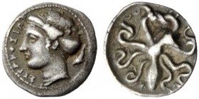 GREEK COINAGE 
 Syracuse 
 Litra circa 405 BC, AR 0.74 g. Head of Arethusa l., her hair bound up in a sakkos , wearing a simple earring and a pearl ...