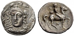 GREEK COINAGE 
 Syracuse 
 Hemidrachm circa 344-317 BC, AR 1.90 g. Helmeted head of Athena facing slightly l.; three dolphins around. Rev. Horseman ...