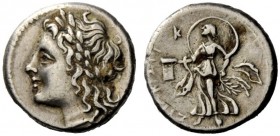 GREEK COINAGE 
 Syracuse 
 2 ½ Litrae circa 215-212 BC, AR 2.22 g. Laureate head of Apollo l. Rev. Isis standing l., holding sistrum and palm; above...