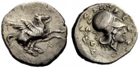 GREEK COINAGE 
 Epirus, Ambrakia 
 Stater circa 426-404 BC, AR 8.12 g. Pegasus flying r. Rev. Head of Athena r., wearing Corinthian helmet; in l. fi...