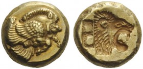 GREEK COINAGE 
 Lesbos, Mytilene 
 Hecte circa 521-478 BC, EL 2.57 g. Forepart of winged boar r. Rev. Incuse head of lion r. with open mouth. Bodens...