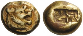 GREEK COINAGE 
 Kings of Lydia 
 Trite Sardes circa 610-546 BC, EL 4.75 g. Head of lion r. with open mouth. Rev. Incuse punch. SNG Lockett 2976. SNG...