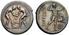 GREEK COINAGE 
 Pamphylia, Aspendus 
 Stater circa 330-250 BC, AR 10.41 g. Two wrestlers grappling; below, PO. Rev. Slinger standing r.; in r. field...