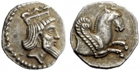 GREEK COINAGE 
 Uncertain mint 
 Obol fourth century BC, AR 0.76 g. Bearded head right, wearing calathos . Rev. Forepart of Pegasus r. SNG Levante 2...