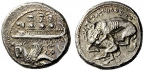 GREEK COINAGE 
 Phoenicia, Byblos 
 Dishekel circa 400-370 BC, AR 13.32 g. Galley l.; above three hoplites and hippocamp swimming l. below. Rev. Lio...