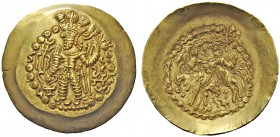 GREEK COINAGE 
 India. The Kushan Empire. 
 Bahram I. Dinar, Boxlo mint, struck under Kidarite king Kidara circa AD 350-365, AV 7.60 g. Vahram stand...