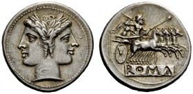 AN INTERESTING COLLECTION OF ROMAN REPUBLICAN COINS FORMED BY AN ENGLISH AMATEUR SCHOLAR 
 Quadrigatus circa 225-214, AR 6.68 g. Laureate Janiform he...