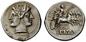 AN INTERESTING COLLECTION OF ROMAN REPUBLICAN COINS FORMED BY AN ENGLISH AMATEUR SCHOLAR 
 Quadrigatus circa 225-214, AR 6.74 g. Laureate Janiform he...