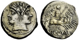 AN INTERESTING COLLECTION OF ROMAN REPUBLICAN COINS FORMED BY AN ENGLISH AMATEUR SCHOLAR 
 Quadrigatus circa 225-214, AR 7.25 g. Laureate Janiform he...
